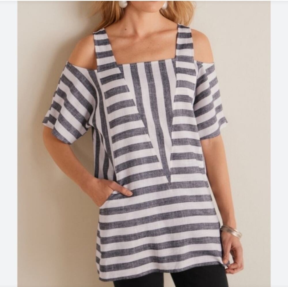 Soft Surroundings cold shoulder linen rayon blend striped tunic top
